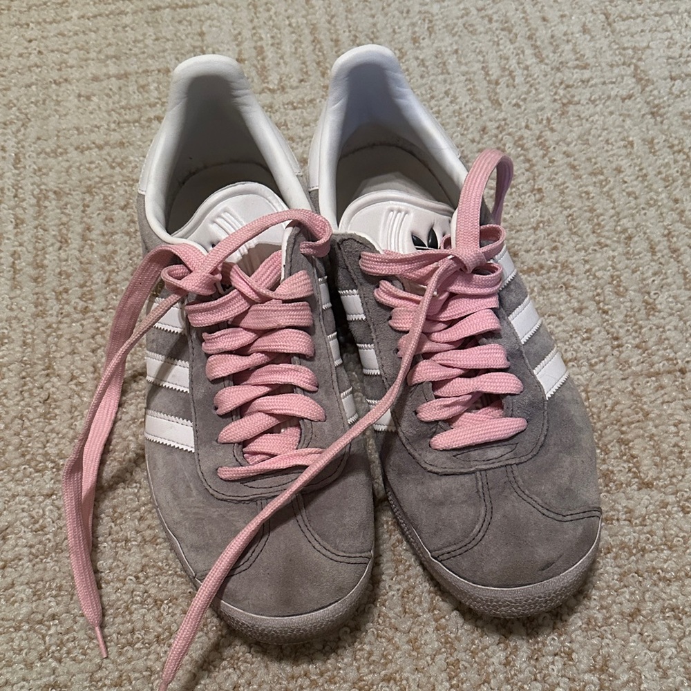 Adidas Women's Suede Gray Sneakers with Pink Laces